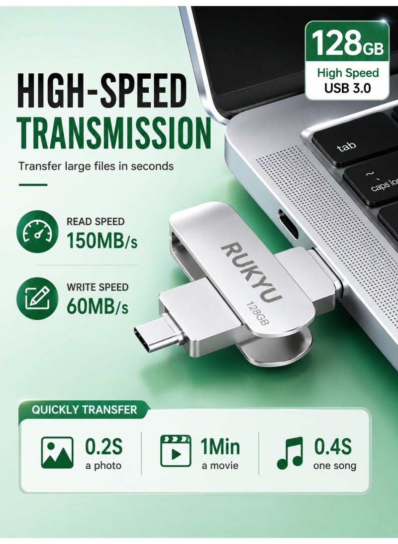 RUKYU 128GB USB Flash Drive Dual Interface USB3.0 USB2.0 Type-C High Speed Storage 150MBps Read 60MBps Write 360-Degree Rotating Protective Cover Compatible with Computers Tablets Type-C Phones Cars Audio TVs for Daily Use - Image 4