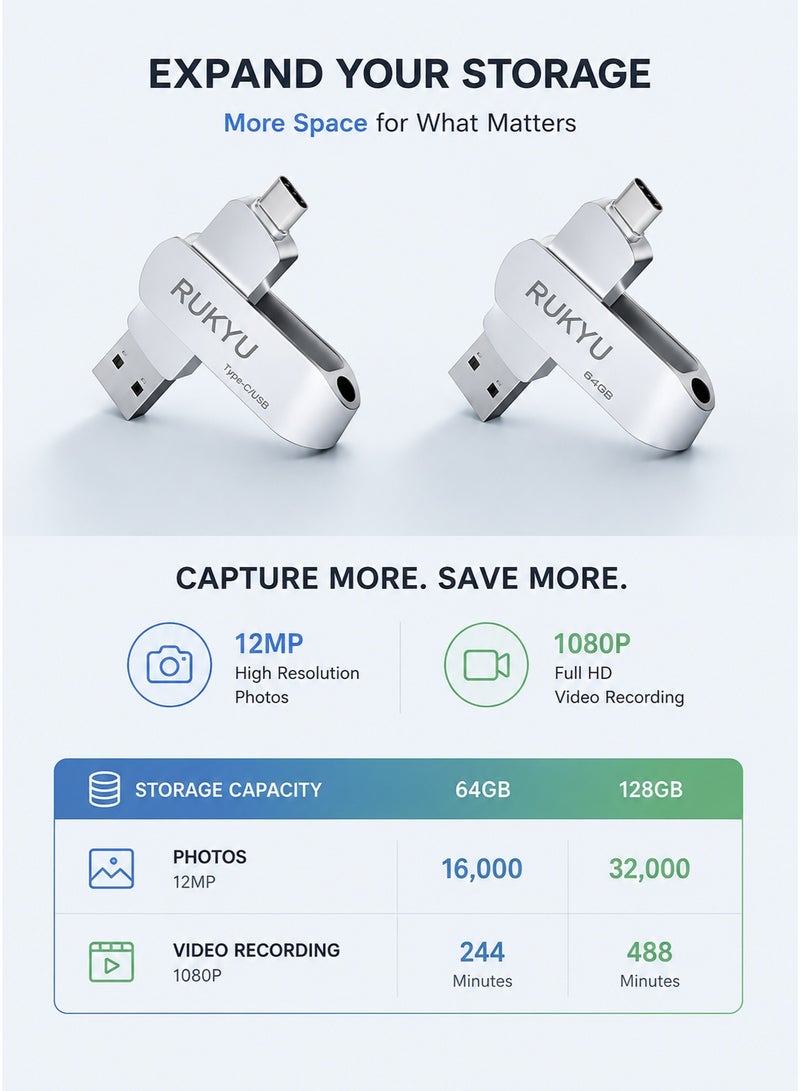 RUKYU 128GB USB Flash Drive Dual Interface USB3.0 USB2.0 Type-C High Speed Storage 150MBps Read 60MBps Write 360-Degree Rotating Protective Cover Compatible with Computers Tablets Type-C Phones Cars Audio TVs for Daily Use - Image 2
