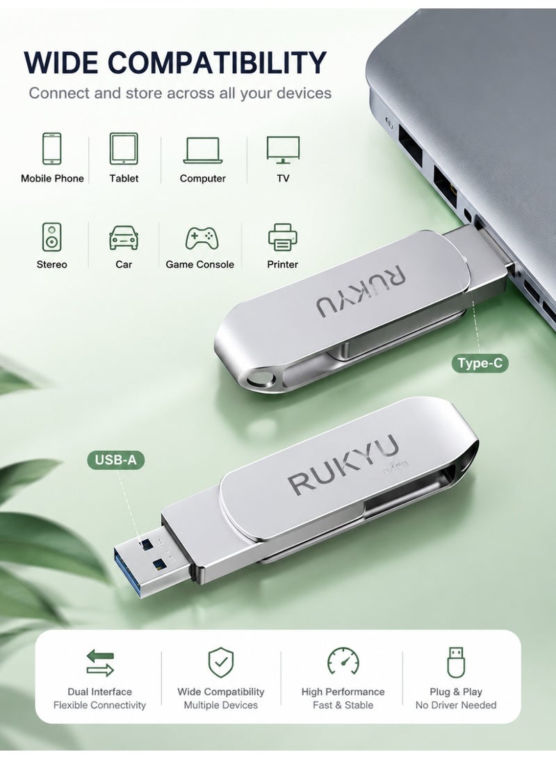 RUKYU 128GB USB Flash Drive Dual Interface USB3.0 USB2.0 Type-C High Speed Storage 150MBps Read 60MBps Write 360-Degree Rotating Protective Cover Compatible with Computers Tablets Type-C Phones Cars Audio TVs for Daily Use - Image 5