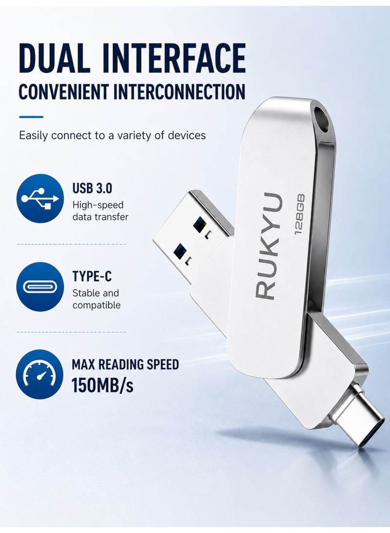 RUKYU 128GB USB Flash Drive Dual Interface USB3.0 USB2.0 Type-C High Speed Storage 150MBps Read 60MBps Write 360-Degree Rotating Protective Cover Compatible with Computers Tablets Type-C Phones Cars Audio TVs for Daily Use - Image 3