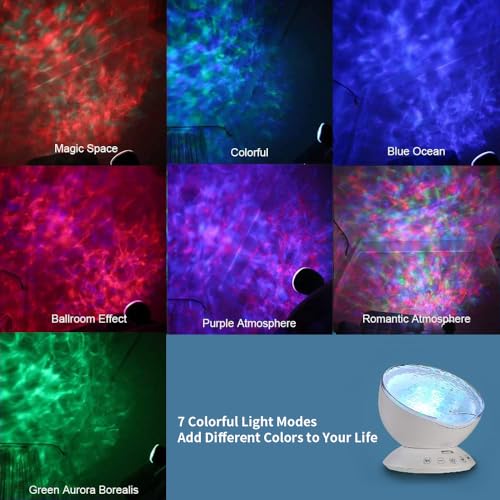 TOMNEW Ocean Wave Projector Sound Machine, Night Light Projector with Remote Control Timer 7 Colors LED Lighting Modes Water Lamp for Kids Adults Bedroom Living Room Party Decorations Gift (White) - Image 2