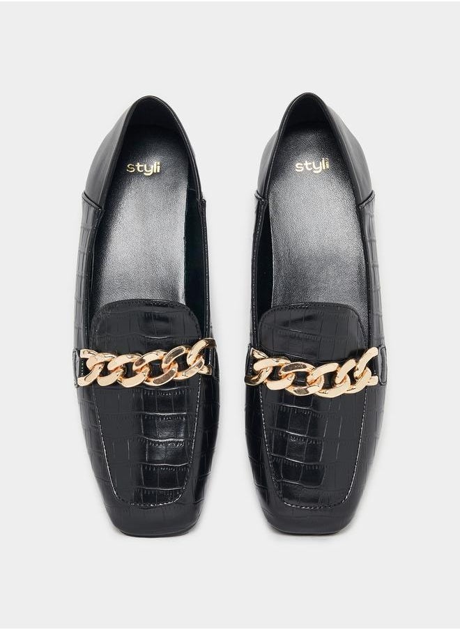 Styli - Metallic Chain Accent Textured Loafers - Image 1