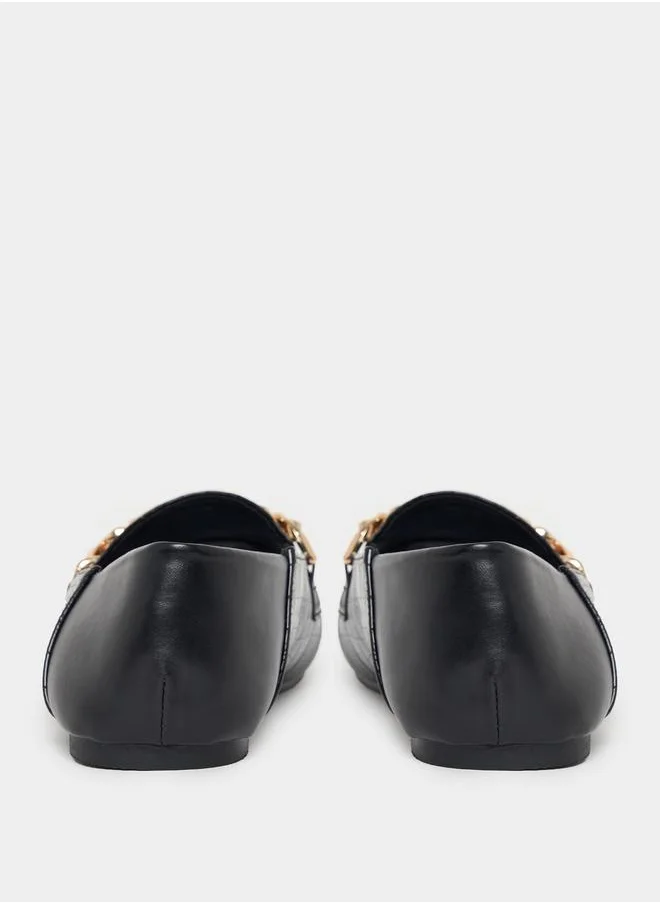 Styli Metallic Chain Accent Textured Loafers
