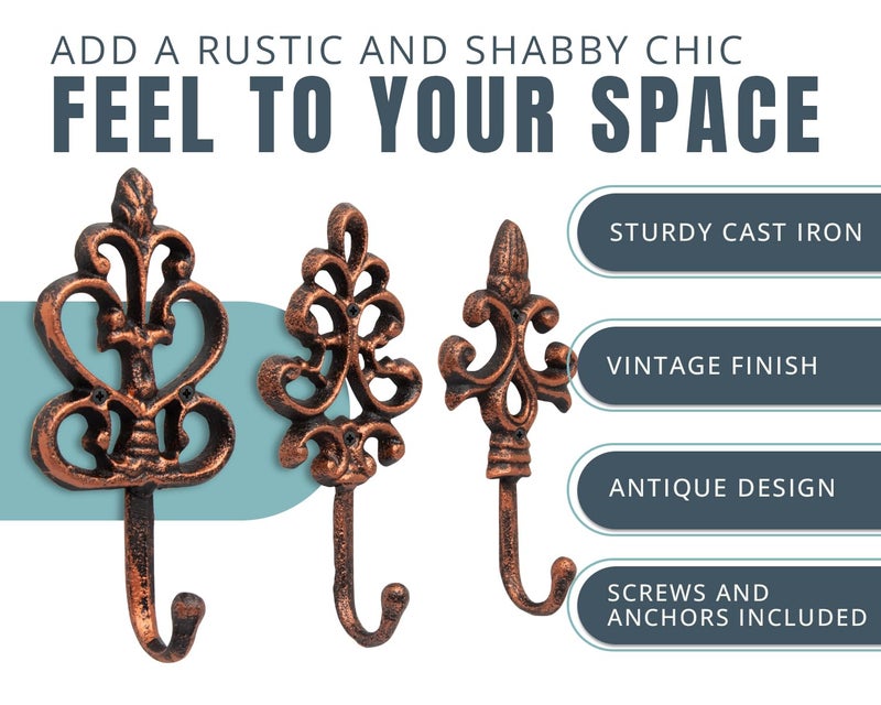 كومفيفي خطافات حائط مزخرفة من شابي شيك - مجموعة من 3 - ديكور حائط ريفي فرنسي من الحديد الزهر - شماعات مزرعة للمعاطف والمحافظ والمزيد - نحاسي مع أسود - Image 2