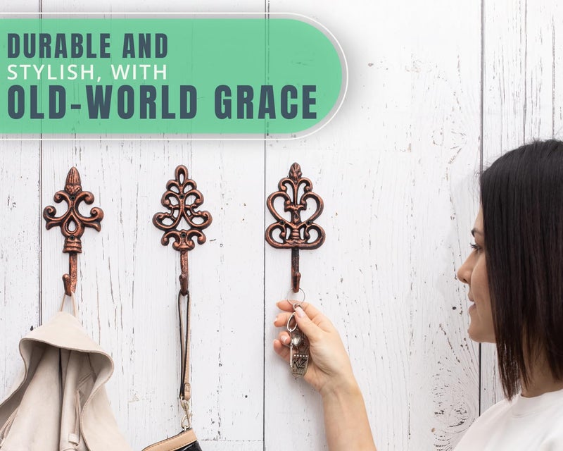 كومفيفي خطافات حائط مزخرفة من شابي شيك - مجموعة من 3 - ديكور حائط ريفي فرنسي من الحديد الزهر - شماعات مزرعة للمعاطف والمحافظ والمزيد - نحاسي مع أسود - Image 4