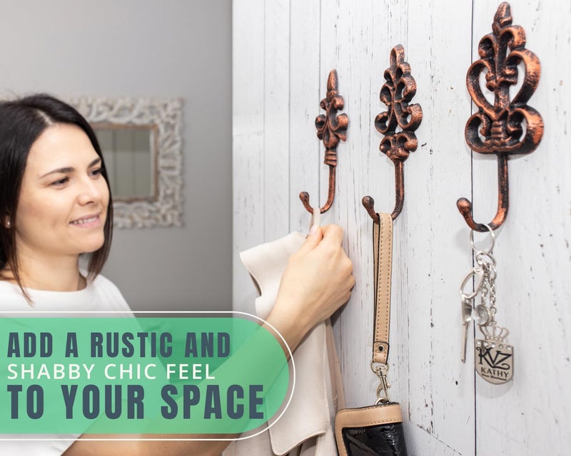 كومفيفي خطافات حائط مزخرفة من شابي شيك - مجموعة من 3 - ديكور حائط ريفي فرنسي من الحديد الزهر - شماعات مزرعة للمعاطف والمحافظ والمزيد - نحاسي مع أسود - Image 3