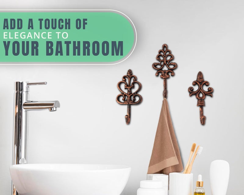 كومفيفي خطافات حائط مزخرفة من شابي شيك - مجموعة من 3 - ديكور حائط ريفي فرنسي من الحديد الزهر - شماعات مزرعة للمعاطف والمحافظ والمزيد - نحاسي مع أسود - Image 5