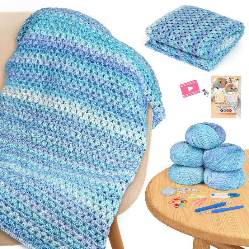 Aeelike Blanket Crochet Kit for Beginners, Super Easy Crochet Blanket Kit with Soft & Colorful Gradient Yarns Detailed Video Tutorials Crocheting Accessories, Aurora Blue Gradient & Ideal Gift - Image 1