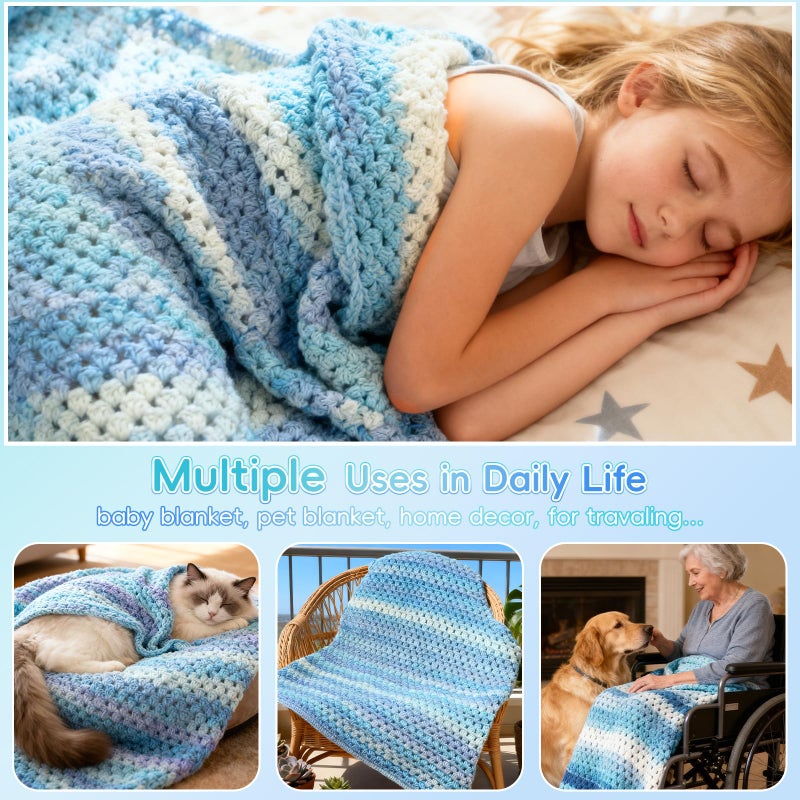 Aeelike Blanket Crochet Kit for Beginners, Super Easy Crochet Blanket Kit with Soft & Colorful Gradient Yarns Detailed Video Tutorials Crocheting Accessories, Aurora Blue Gradient & Ideal Gift - Image 5