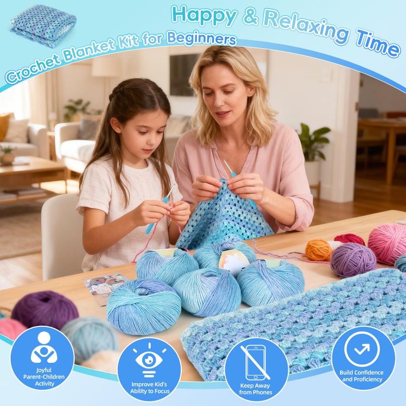 Aeelike Blanket Crochet Kit for Beginners, Super Easy Crochet Blanket Kit with Soft & Colorful Gradient Yarns Detailed Video Tutorials Crocheting Accessories, Aurora Blue Gradient & Ideal Gift - Image 2