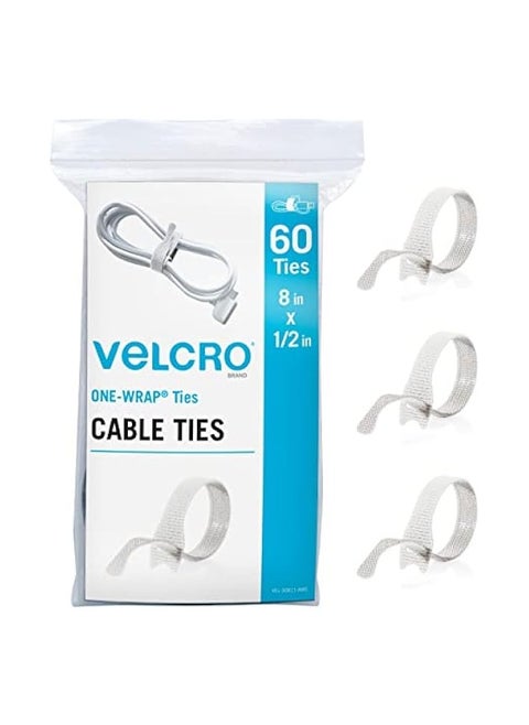VELCRO Brand White Cable Ties Heavy Duty | 60Pc Bulk Pack | 8 x 1/2" ONE-WRAP Straps | Strong Reusable Wire Management |