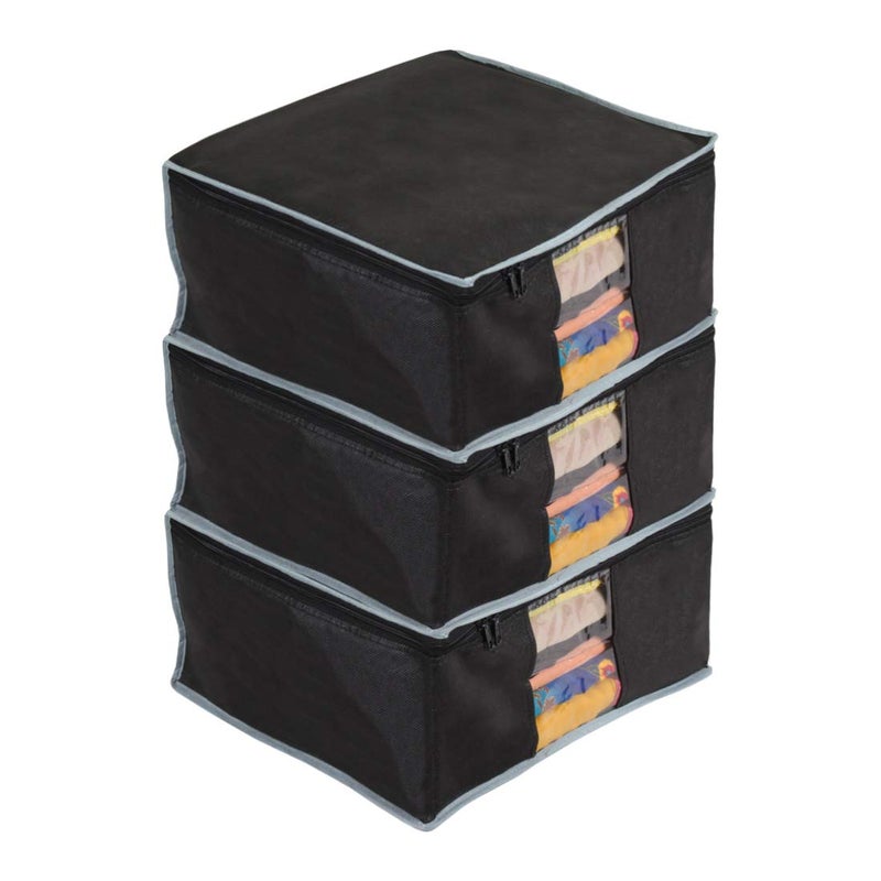 PrettyKrafts Prettykrafts Set of 3 Non Woven Foldable Saree CoverCloth Storage BagWardrobe Organizer with Zip Transparent Window For Lehenga Shirts Salwar Suits Dress Accessories Black 40 x 35 x 195cm - Image 1