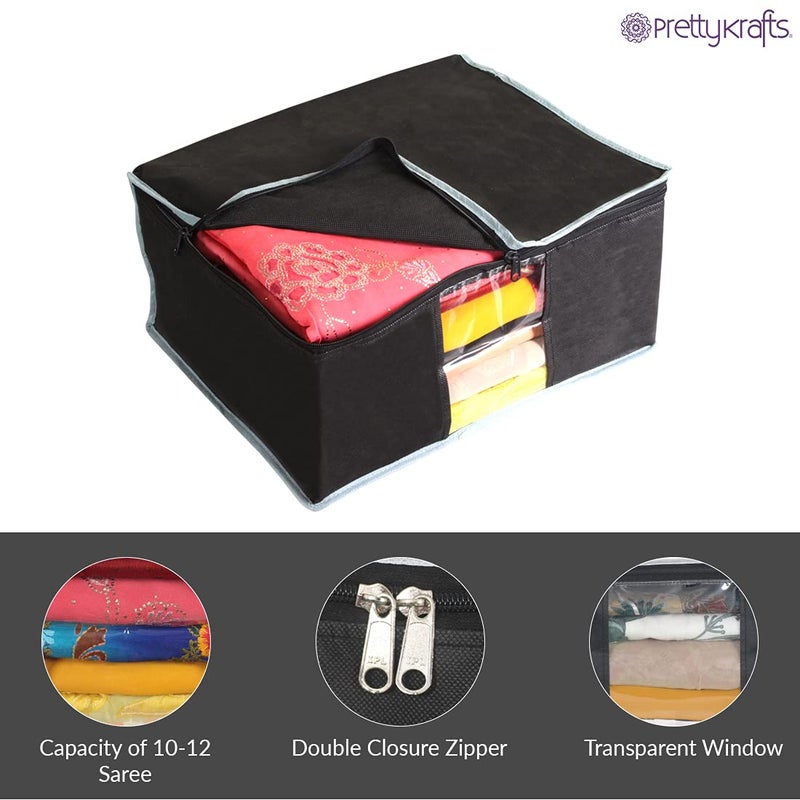 PrettyKrafts Prettykrafts Set of 3 Non Woven Foldable Saree CoverCloth Storage BagWardrobe Organizer with Zip Transparent Window For Lehenga Shirts Salwar Suits Dress Accessories Black 40 x 35 x 195cm - Image 4