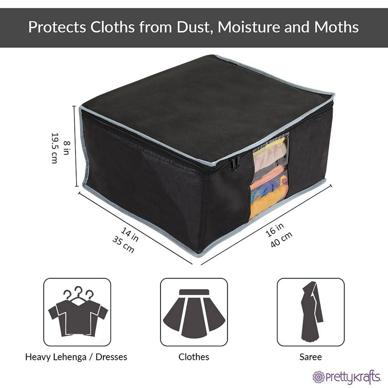 PrettyKrafts Prettykrafts Set of 3 Non Woven Foldable Saree CoverCloth Storage BagWardrobe Organizer with Zip Transparent Window For Lehenga Shirts Salwar Suits Dress Accessories Black 40 x 35 x 195cm - Image 3