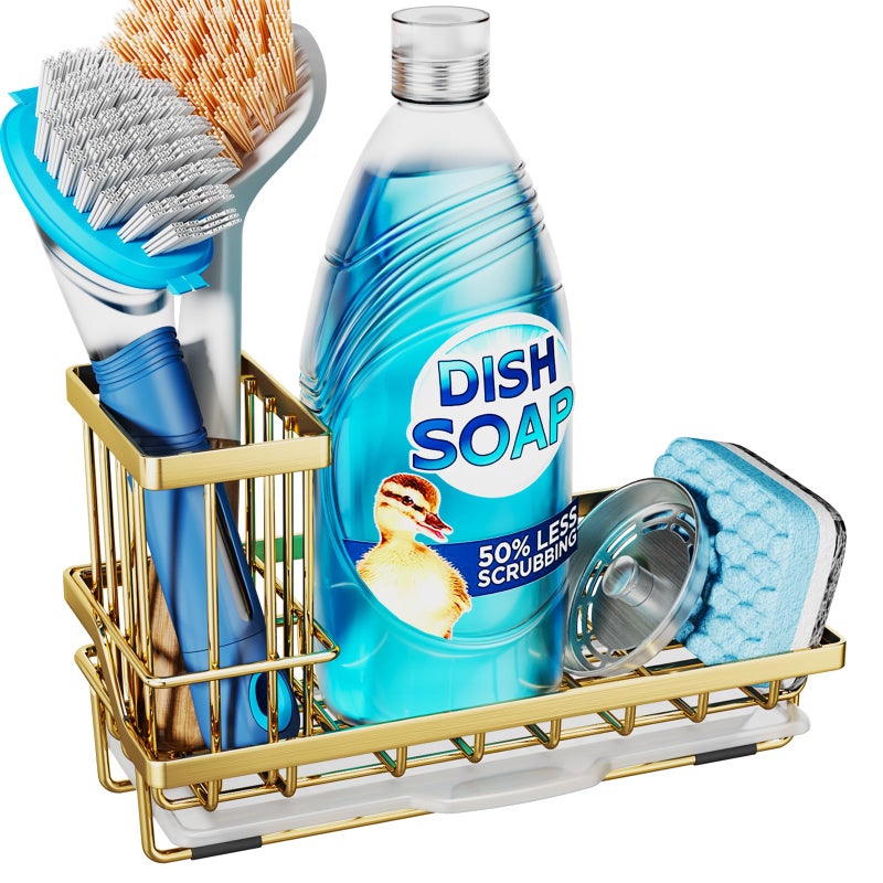 Consumest Sink Caddy Kitchen Sponge Holder with Dish Brush Holder Kitchen Sink Organizer with Drip Tray for Countertop Stainless Steel Rustproof Gold