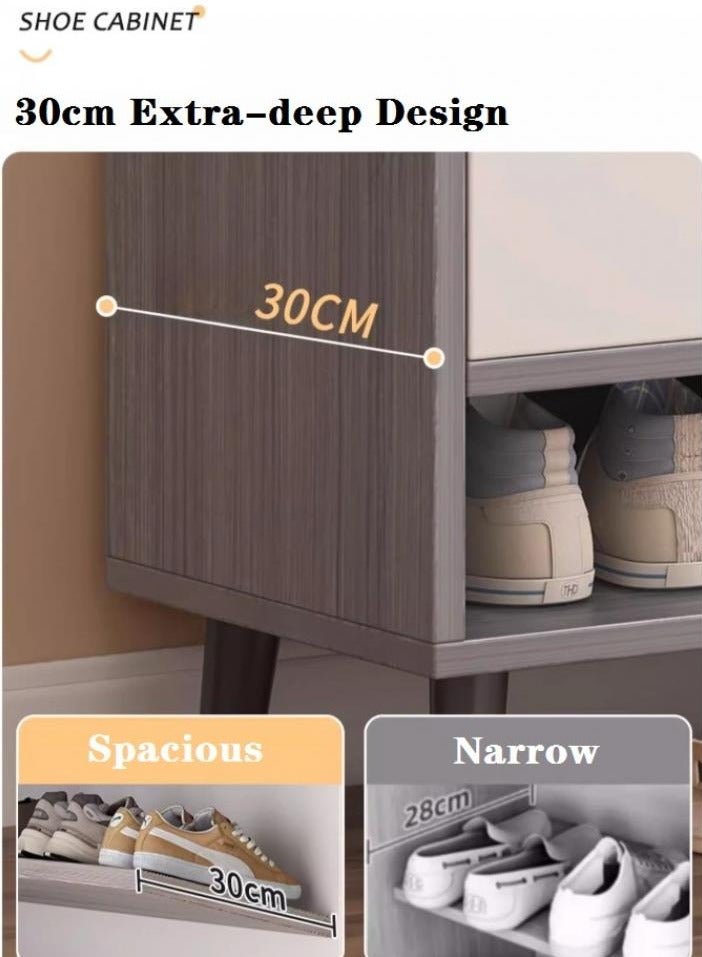 إيونتو خزانة أحذية عصرية بأربعة أبواب تفتح بالضغط، ودرج واحد، وثلاثة أرفف مفتوحة - أرجل معدنية مرتفعة، وسطح عمل بحافة مستديرة للتخزين في المدخل والممر وغرفة المعيشة - Image 5