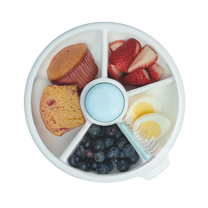 GOBE GoBe Kids Large Snack Spinner Slide Bundle with Hand Strap and Sticker Sheet Reusable Snack Container with 4 Compartment Dispenser and Lid BPAPVC Free Dishwasher Safe No Spill Macaron Blue