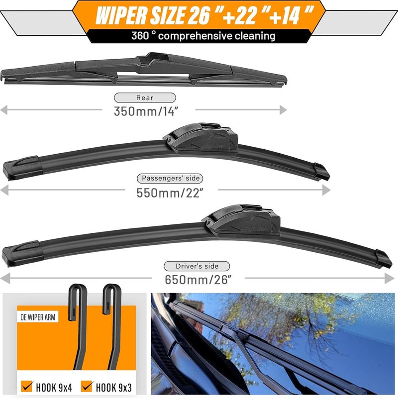 AUTOBOO 26in+22in Windshield Wipers with 14in Rear Wiper Blade Sets for Lexus RX400h 2006-2008 RX350 2007-2009 RX330 2004-2006 (Pack of 3) - Image 3