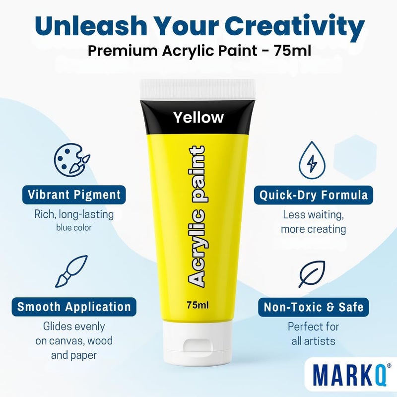 MARKQ طلاء أكريليك 75 مل أنبوب – ألوان فنية غنية وعالية الصبغة وغير سامة | 10 ألوان نابضة للحياة للحرف اليدوية، القماش، الورق، الخشب، القماش، ومشاريع الفن (أصفر) - Image 1