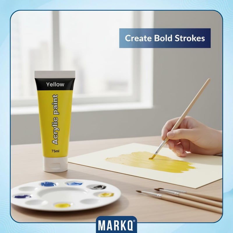 MARKQ طلاء أكريليك 75 مل أنبوب – ألوان فنية غنية وعالية الصبغة وغير سامة | 10 ألوان نابضة للحياة للحرف اليدوية، القماش، الورق، الخشب، القماش، ومشاريع الفن (أصفر) - Image 3