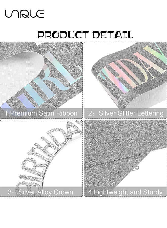 Unique Birthday Crown & Belt Set - Glitter Birthday Sash - Rhinestone Headband Set - 7PCS Cake Topper Birthday Accessories for Her Decorations - Women's Birthday Tiara Princess Tiara Birthday Hats Birthday Headbands Party Gifts Birthday Decorations (Silver Color) - Image 2