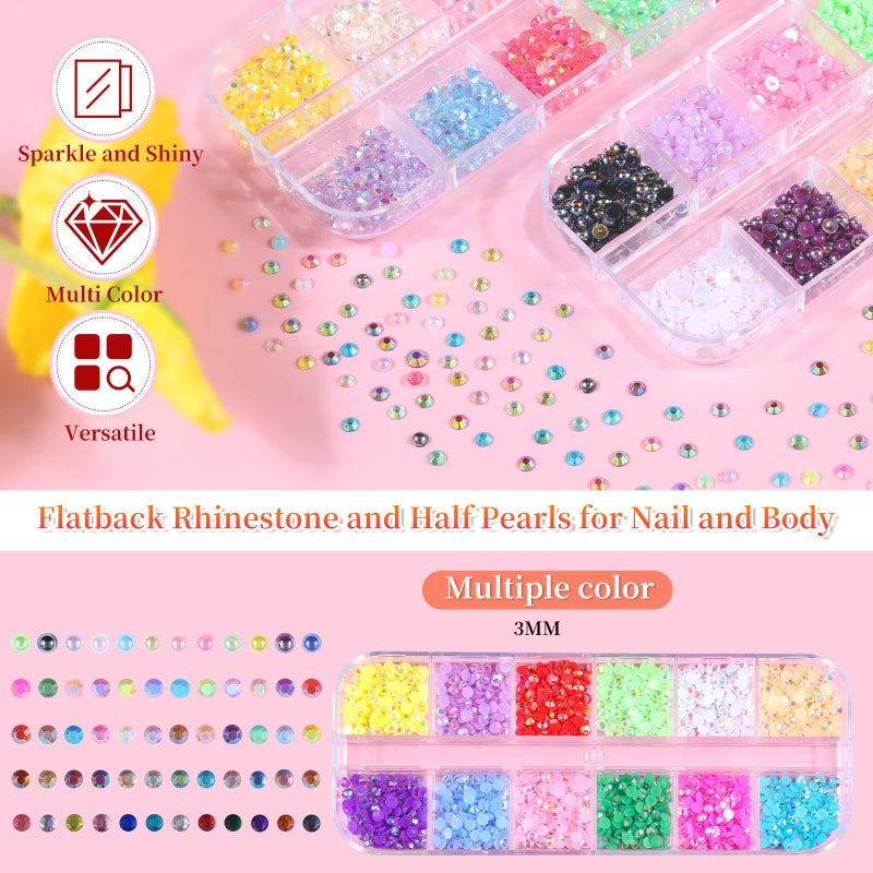 editTime 5 Boxes 7200pcs Sparkling Crystal Nail Rhinestones Pearls Kit, Flatback Multicolor Transparent Jelly AB Mermaid Gems with Pick Up Pen and Curved Tweezers for Manicure Salon & Craft DIY Designs (3mm) - Image 2
