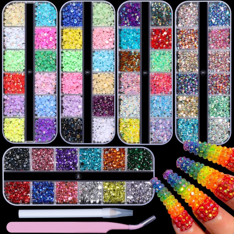 editTime 5 Boxes 7200pcs Sparkling Crystal Nail Rhinestones Pearls Kit, Flatback Multicolor Transparent Jelly AB Mermaid Gems with Pick Up Pen and Curved Tweezers for Manicure Salon & Craft DIY Designs (3mm) - Image 1