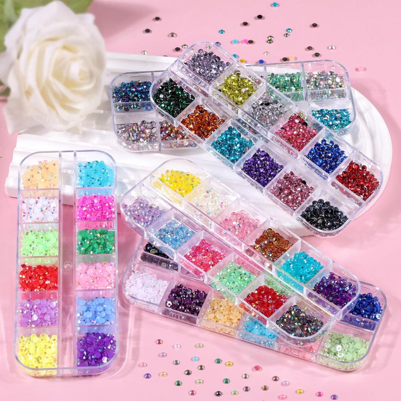 editTime 5 Boxes 7200pcs Sparkling Crystal Nail Rhinestones Pearls Kit, Flatback Multicolor Transparent Jelly AB Mermaid Gems with Pick Up Pen and Curved Tweezers for Manicure Salon & Craft DIY Designs (3mm) - Image 5