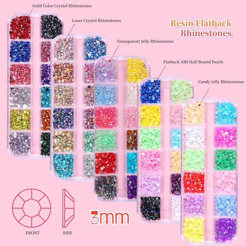 editTime 5 Boxes 7200pcs Sparkling Crystal Nail Rhinestones Pearls Kit, Flatback Multicolor Transparent Jelly AB Mermaid Gems with Pick Up Pen and Curved Tweezers for Manicure Salon & Craft DIY Designs (3mm) - Image 3