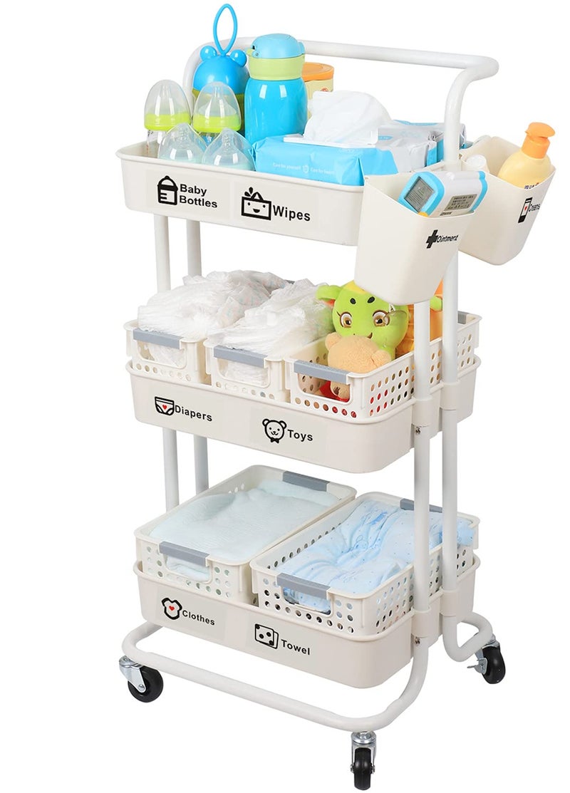 Baby Diaper Caddy Organizer Cart 3Tier Sturdy Movable Rolling Cart with Baskets and Hanging Cups Large Capacity Newborn Nursery Essentials Diaper Storage for Changing Table Crib Easy to Assemble