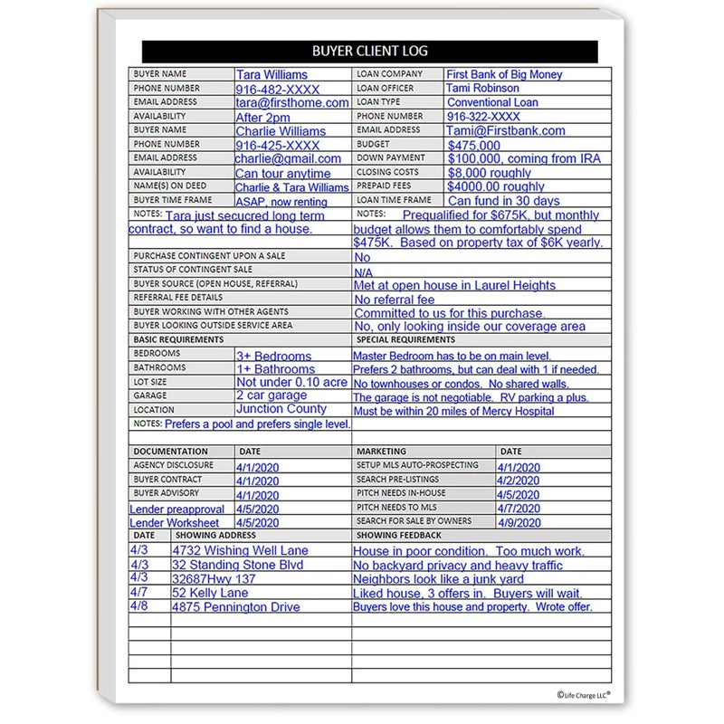 Real Estate Agent Supplies - Home Buyer Client Log to Include in Real Estate File Folders. Realtor Log to Track Buyer Needs, Home Showings & Activity. 50 Page Notepad. 8.5 X 11. Made in the USA.