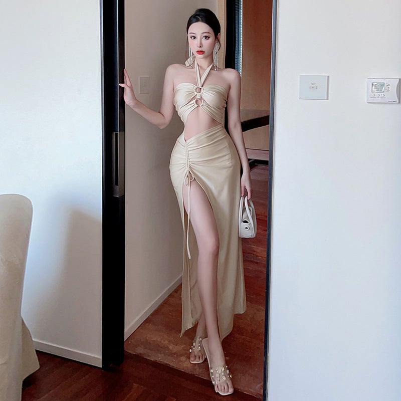 0139 European and American Southeast Asia Foreign trade wholesale 2023 Womens wrapped chest halter lace-up hanging ring hollow split dress Apricot