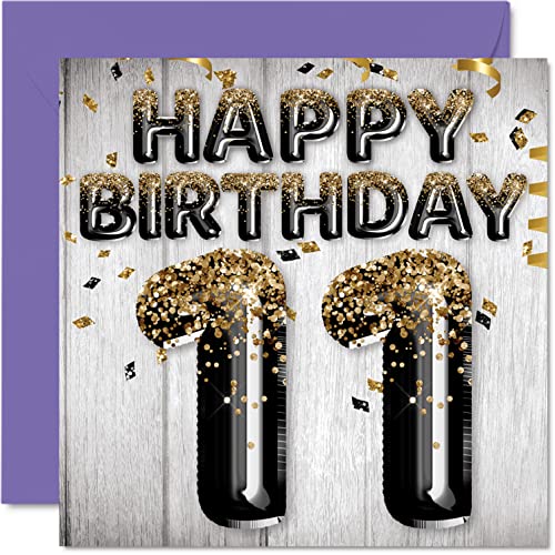 Stuff4 11th Birthday Card for Boys - Black & Gold Glitter Balloons - Happy Birthday Cards for 11 Year Old Boy Son Brother Grandson Cousin, 5.7 x 5.7 Inch Eleven Eleventh Bday Greeting Cards Gift - Image 1