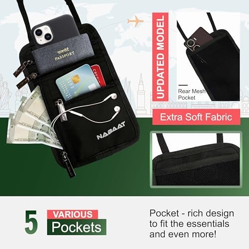 NABAAT Polyester Neck Wallet Passport Holder Bag, Passport Pouch Cover for Men, Women & Family, Cash/Card/Ticket Holder - Travel Essentials Organizer (Black, NW-1) - Image 2