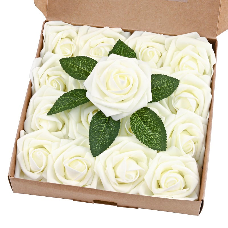 BLEUM CADE Artificial Flowers for Decoration - 16Pcs Ivory White Fake Roses with Stems, Real Looking Boxed Foam Roses for DIY Bouquets Centerpieces Wedding Party Arrangement Bridal Shower Decor - Image 1