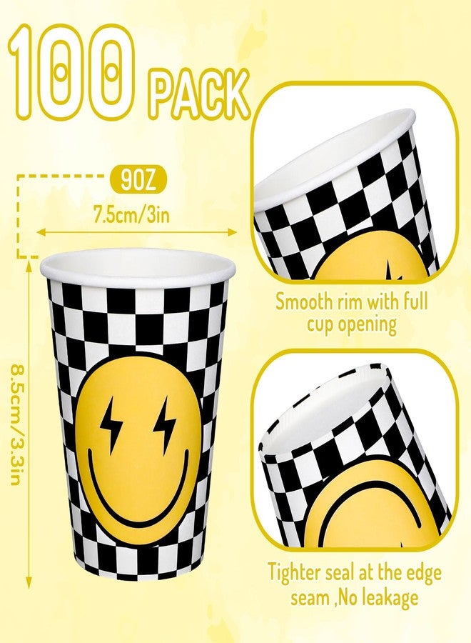 Whaline أكواب ورقية من واهلين 100 قطعة مع وجه مبتسم أكواب قابلة للتخلص منها للأحزاب مزينة بمربعات لأكواب القهوة الباردة والساخنة، 9 أونصات - Image 2