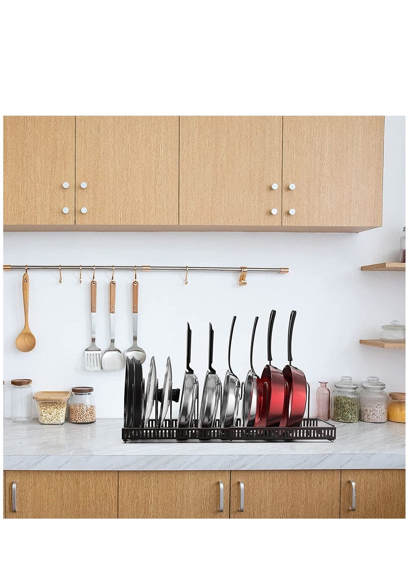 Womdee Pot Lid Organizer Pan Holder Rack with 10 Dividers and 4 Hooks, Expandable Cookware Rack for Kitchen Cabinet Cupboard Pantry,Skillet Frying Pan Pot Lid Storage  - Image 3