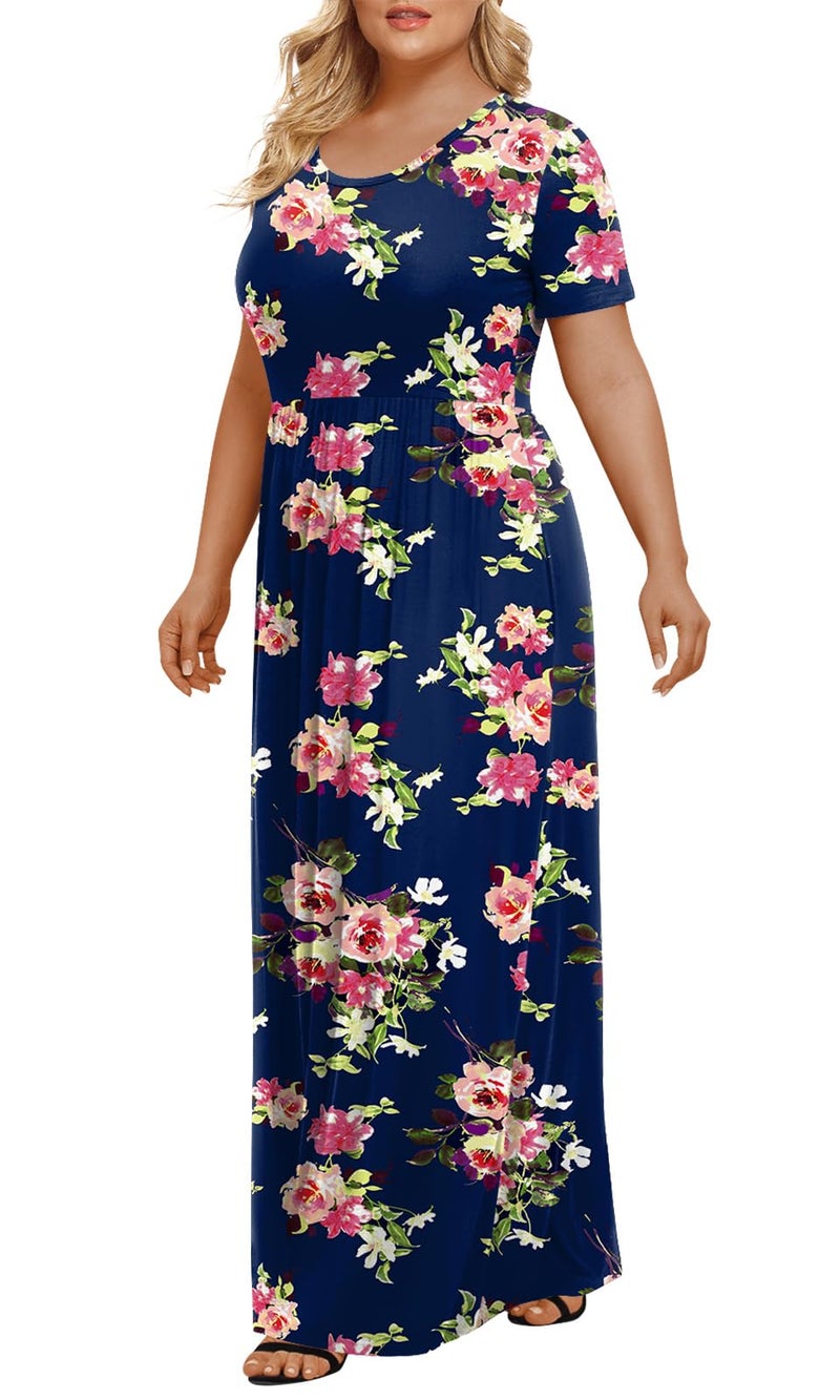 LONGYUAN Women's Plus Size Maxi Dresses for Curvy Women Summer Short Sleeve Casual 2026 Long Dress Navy Blue Fl 2XL - Image 2