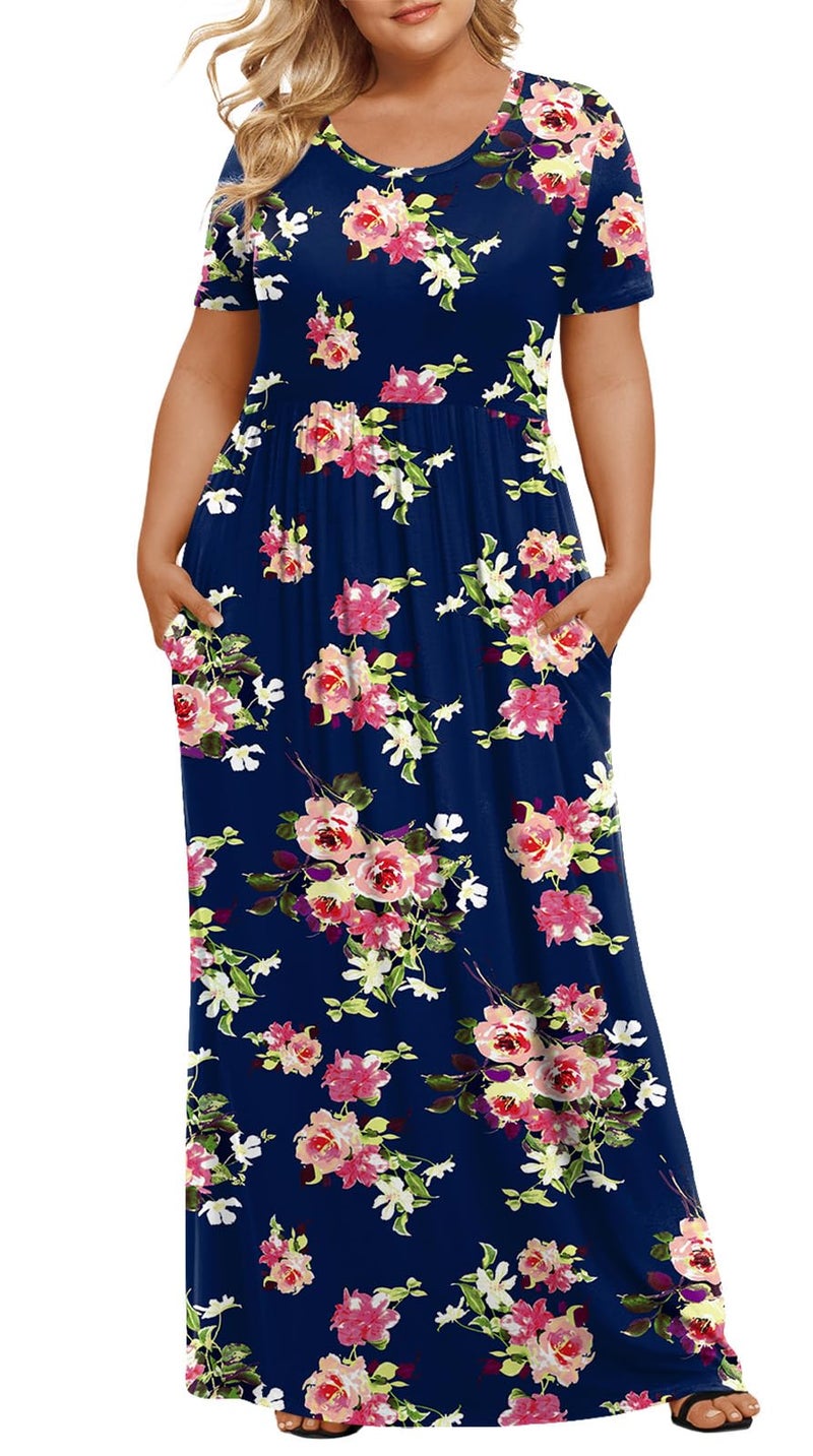 LONGYUAN Women's Plus Size Maxi Dresses for Curvy Women Summer Short Sleeve Casual 2026 Long Dress Navy Blue Fl 2XL - Image 1