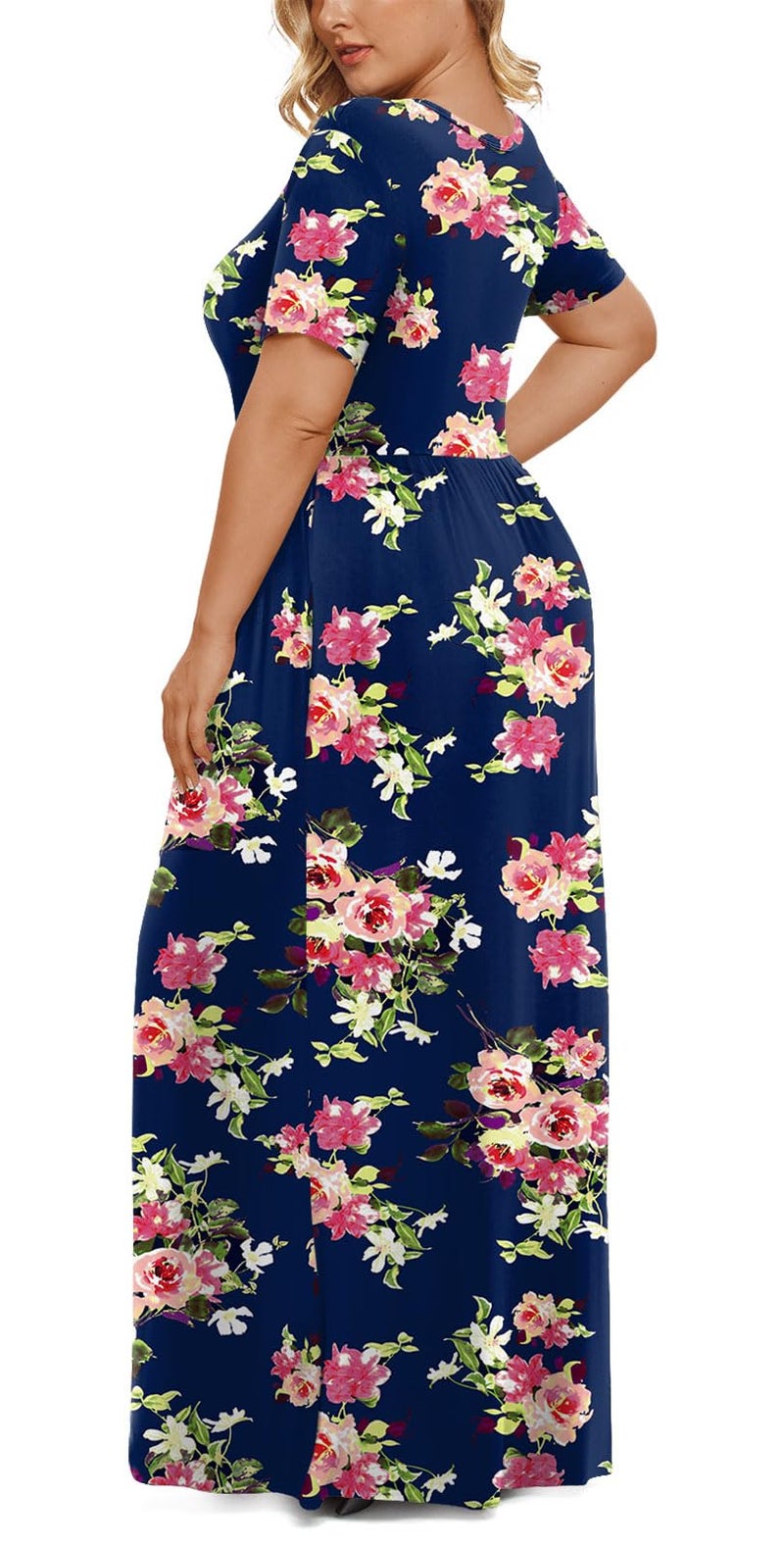 LONGYUAN Women's Plus Size Maxi Dresses for Curvy Women Summer Short Sleeve Casual 2026 Long Dress Navy Blue Fl 2XL - Image 3