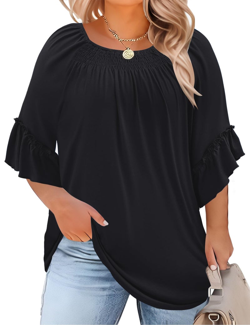 Micoson Plus Size 3/4 Sleeve Tops for Women Half Sleeve Shirts Dressy Casual Crewneck Tunic Plus Work Tops Business Elegant Top Black - Image 1