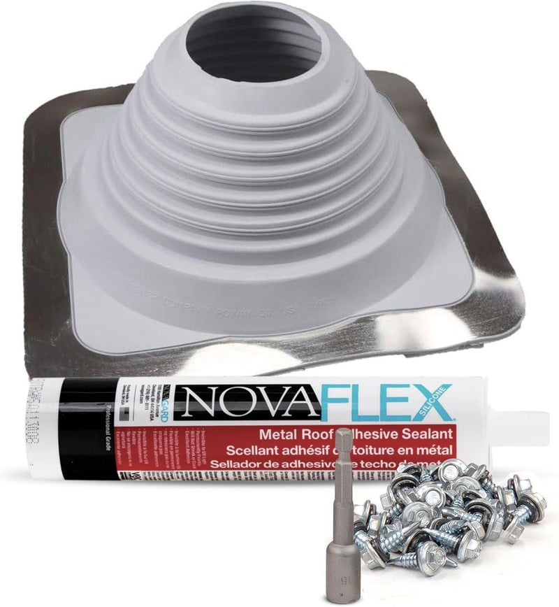 Fasteners Plus Store #5 Square EPDM Metal Roof Pipe Flashing Boot Kit - Fits 4" - 8-1/4" Pipe OD - Includes Flashing, NovaFlex Sealant & Roofing Stitch Screws - Gray (Made in USA) - Image 1