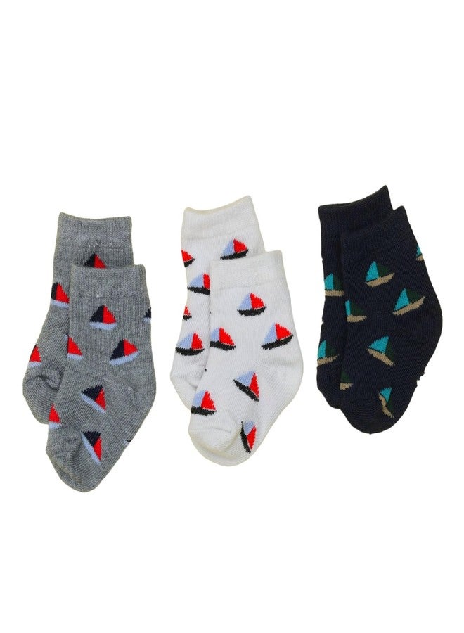 Yellow Bee Boat Anti-Skid Socks for Boys, Pack of 3, Grey, Navy and White, 0-12 Months - Image 1