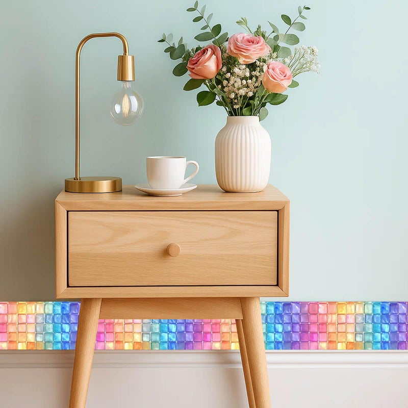 IVN Peel and Stick Wallpaper Border 4 x 196 Inch Rainbow Square Tile Mosaic Pattern Self Adhesive Decorative Wall Trim Accent Strip for Bedroom Kitchen Living Room Mirror Frame Bold Gothic Home Decor - Image 2