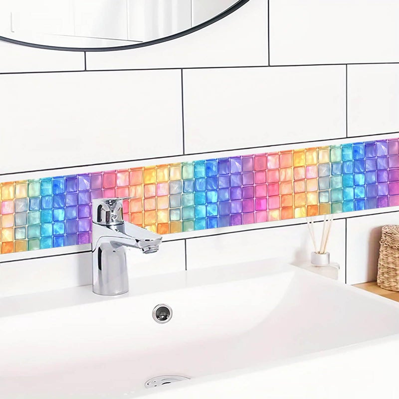 IVN Peel and Stick Wallpaper Border 4 x 196 Inch Rainbow Square Tile Mosaic Pattern Self Adhesive Decorative Wall Trim Accent Strip for Bedroom Kitchen Living Room Mirror Frame Bold Gothic Home Decor - Image 5