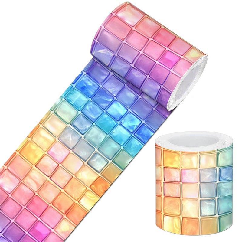 IVN Peel and Stick Wallpaper Border 4 x 196 Inch Rainbow Square Tile Mosaic Pattern Self Adhesive Decorative Wall Trim Accent Strip for Bedroom Kitchen Living Room Mirror Frame Bold Gothic Home Decor - Image 1