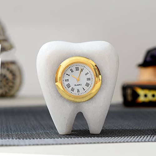 STLYZ Marble Clock Tooth Shape Desk Watch Dentist Gifts Dental Clinic Decorative Items Doctor Gifts for WomenMen Marble Paper Weight Tooth Clock Ideal Dental Gifts for Dentist Doctor Day White