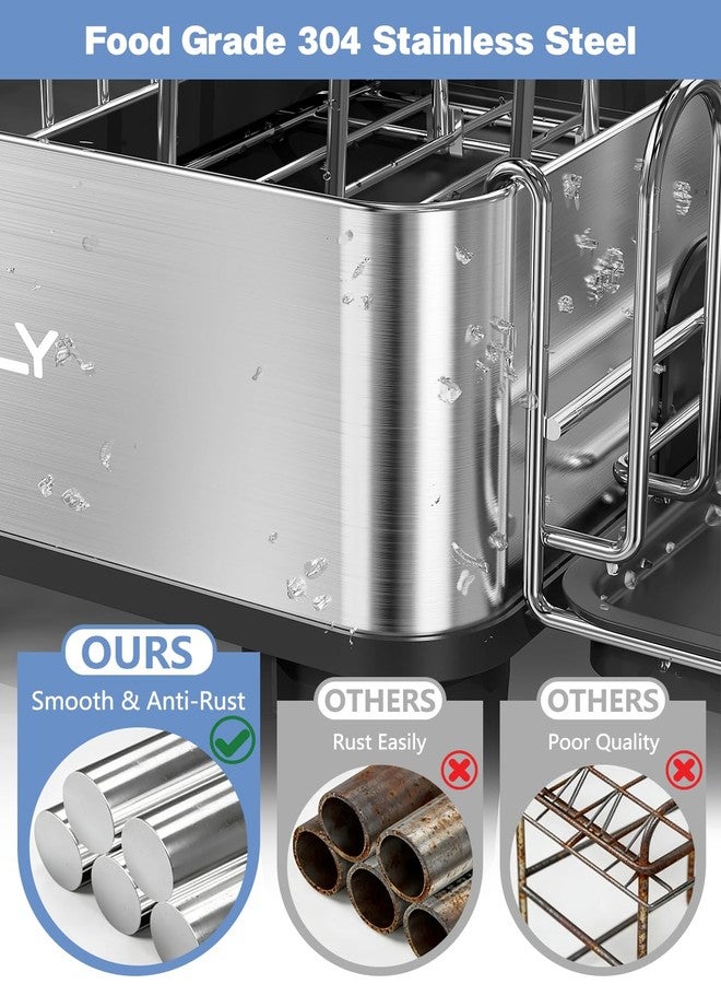 LIONONLY Dish Drying Rack, 304 Stainless Steel Exendable Dish Rack with Adjustable Drain Spout, Large Capacity Dish Drainer with Utensil Holder, Cup Holder and Cutting Board Rack for Kitchen Counter, Black - Image 2