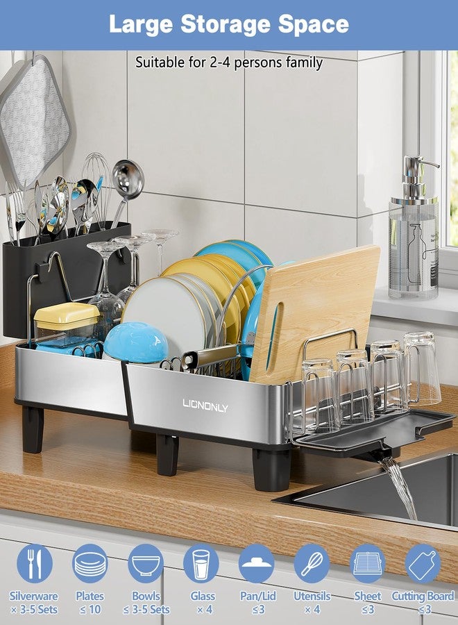 LIONONLY Dish Drying Rack, 304 Stainless Steel Exendable Dish Rack with Adjustable Drain Spout, Large Capacity Dish Drainer with Utensil Holder, Cup Holder and Cutting Board Rack for Kitchen Counter, Black - Image 5
