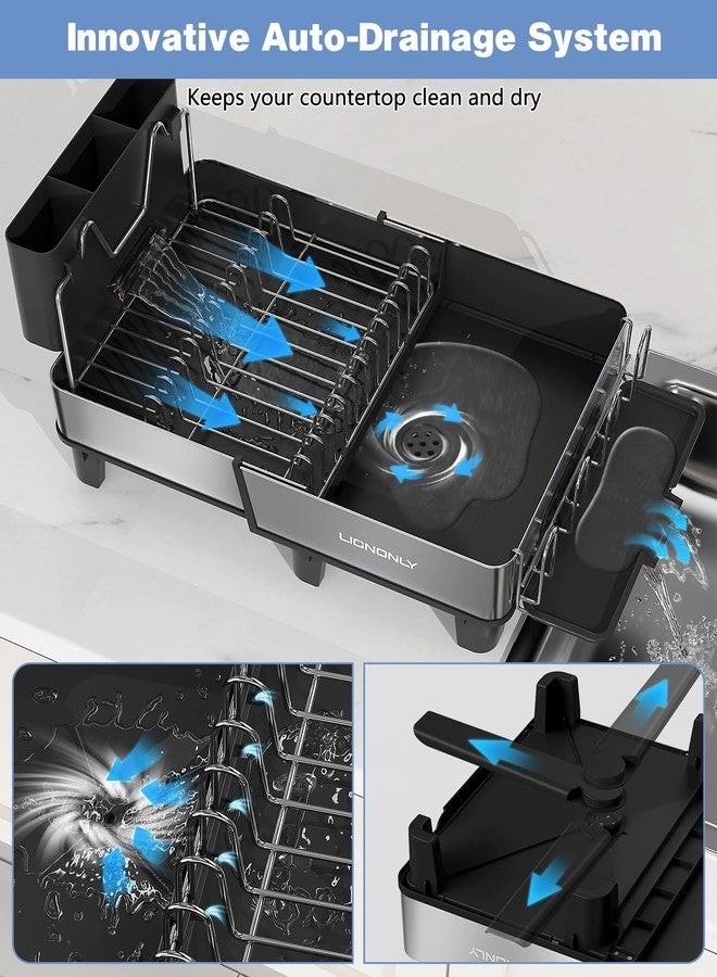 LIONONLY Dish Drying Rack, 304 Stainless Steel Exendable Dish Rack with Adjustable Drain Spout, Large Capacity Dish Drainer with Utensil Holder, Cup Holder and Cutting Board Rack for Kitchen Counter, Black - Image 3